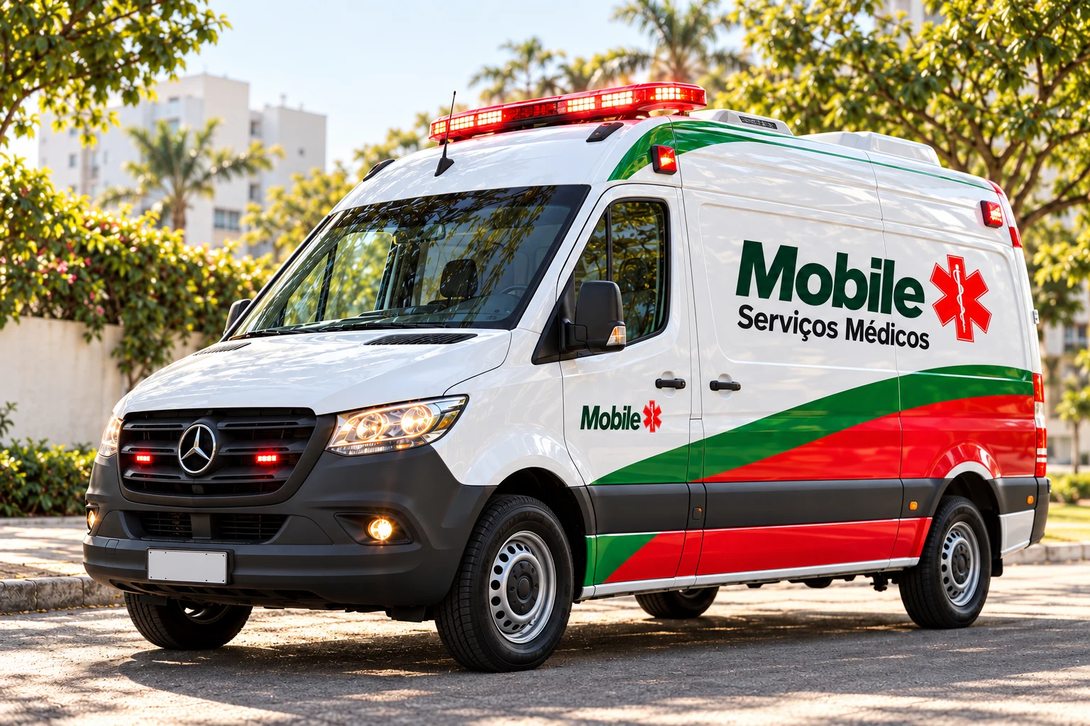 Ambulância ilustrativa no padrão visual Mobile, com faixas verdes e vermelhas — imagem ilustrativa gerada por IA